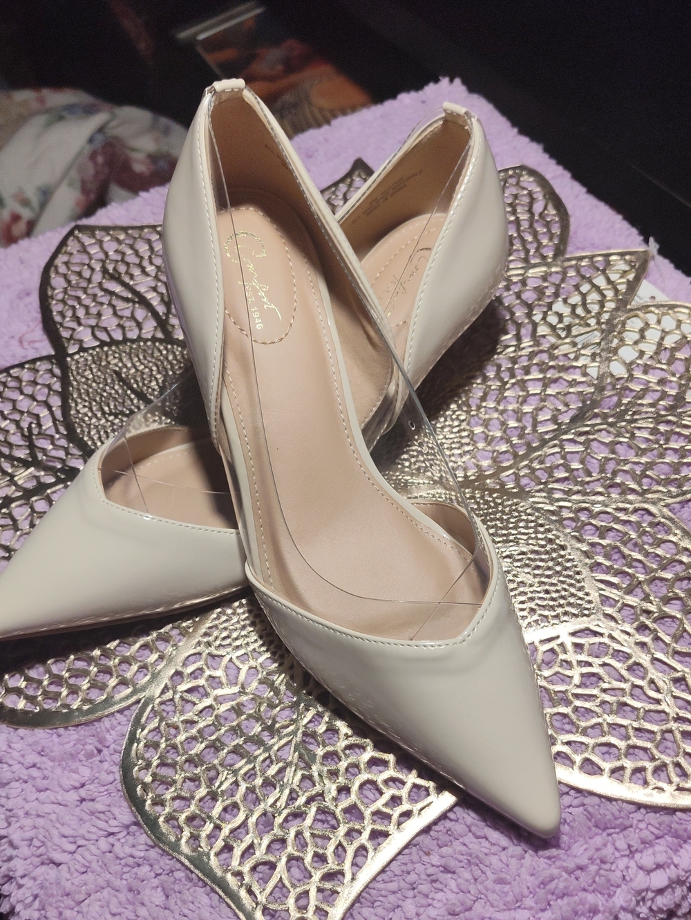 Pointed Toe Women’s Heels in Cream with Clear Panel